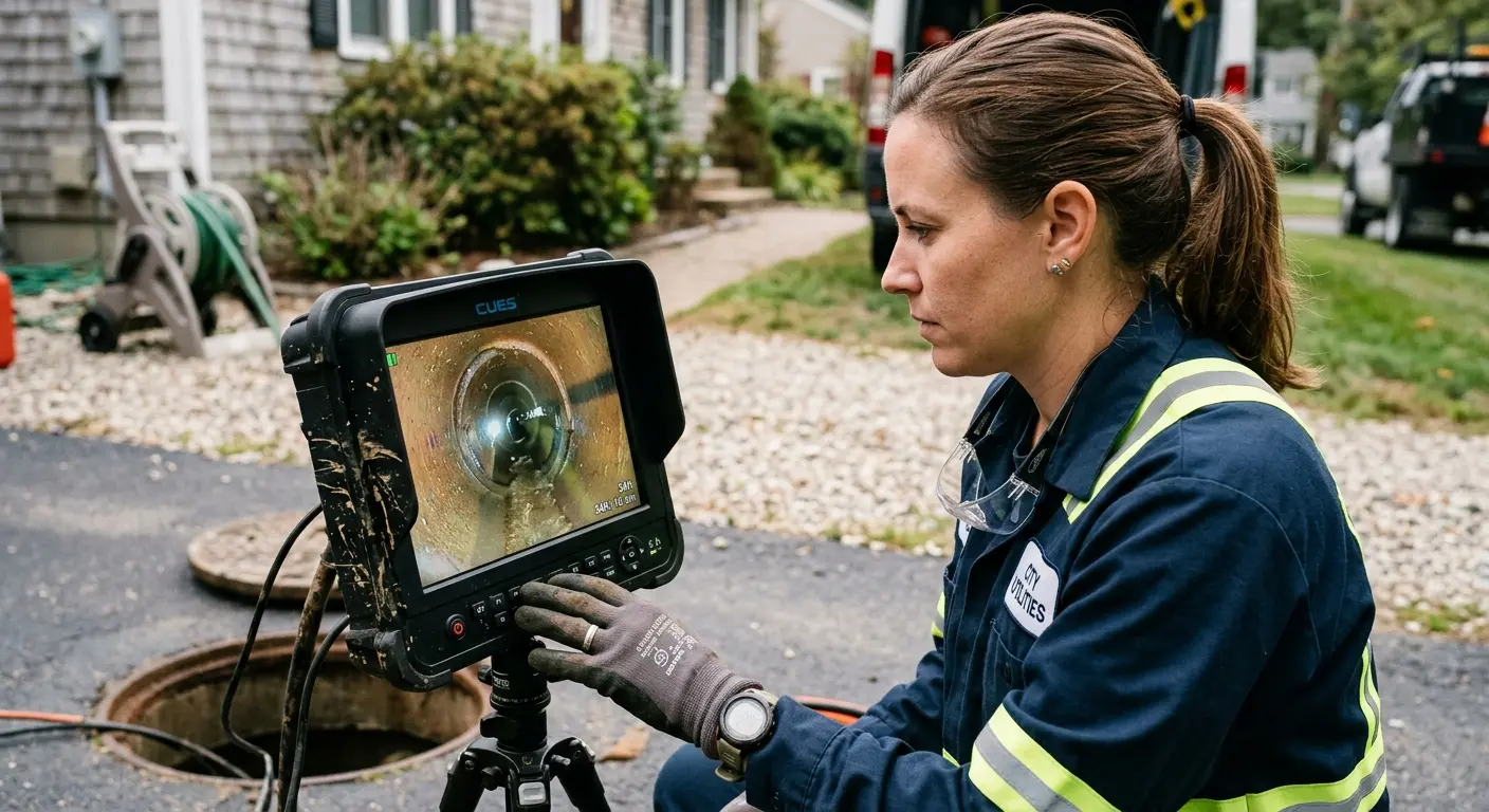 Technician reviewing sewer camera inspection footage in Hartselle