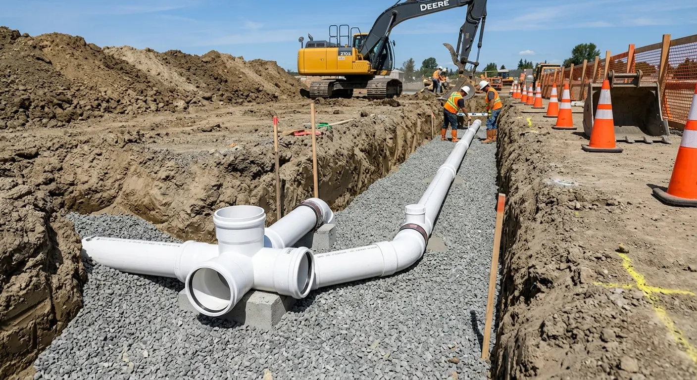 New PVC sewer pipe installation in open trench for Sewer Backup in Hartselle