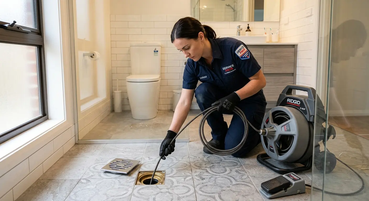 Technician clearing a bathroom floor drain for Drain Cleaning in Hartselle